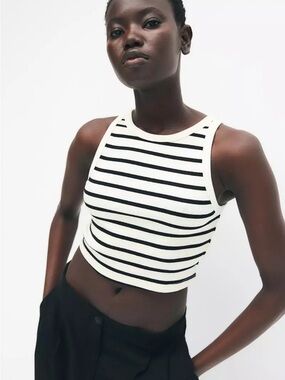 H&M Cream Black Striped Crop Tank XL French Minimalist Y2K Streetwear